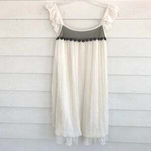 Olsenboye White Ruffled Chiffon Black Lace Detail Sleeveless Tunic Blouse Mini M